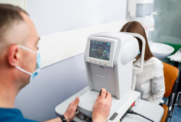 An optometrist at his clinic studies vision. Ophthalmology, medical diagnostics.